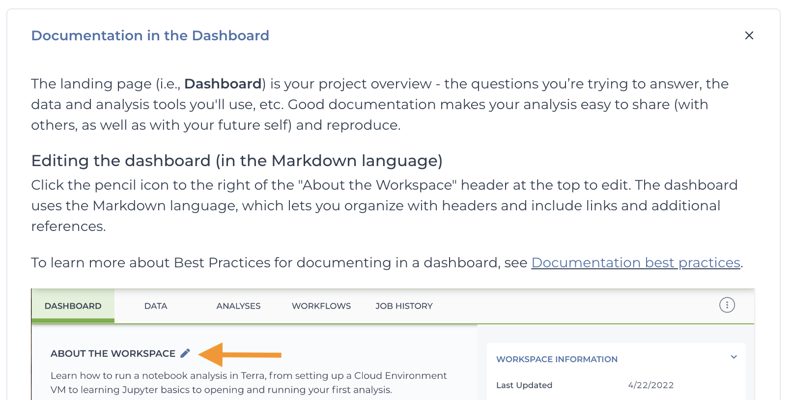 Screenshot of expanded "Documentation in the dashboard" section in Terra Support